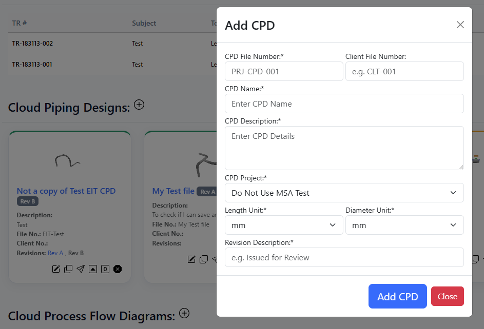 Project document area showing Add CPD and the new-file form.